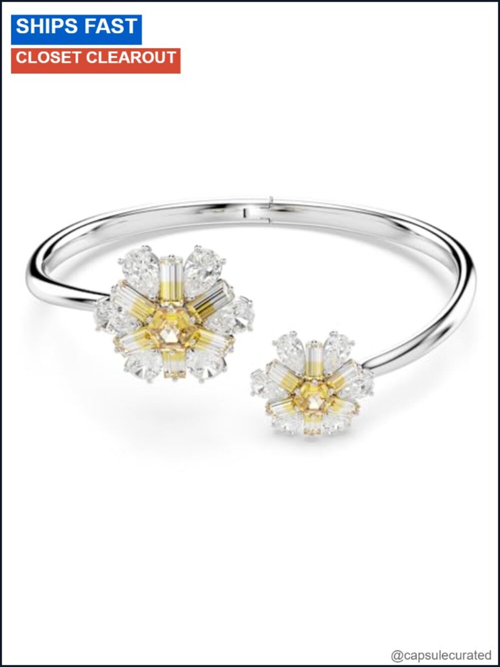 Swarovski Crystal Flower Bangle Bracelet Rhodium Plated Size S Statement Jewelry